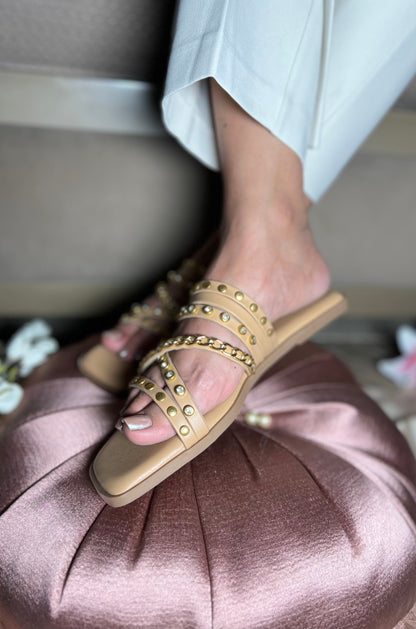 Golden Studded Cross-Strap Flats