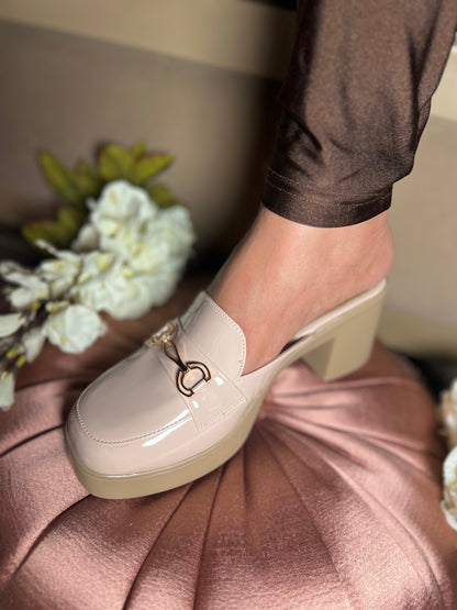 Nude Beige Block Heel Mules