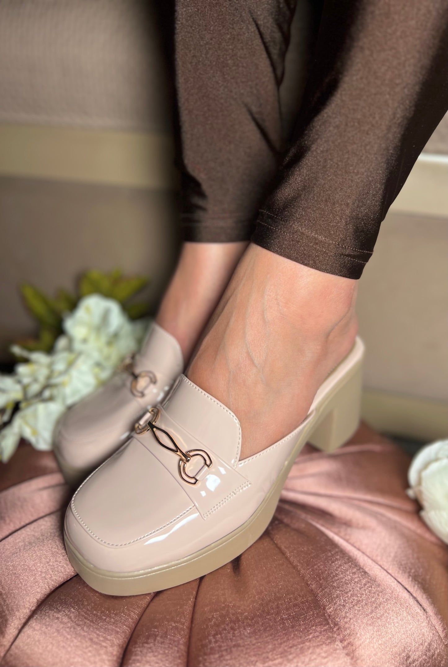 Nude Beige Block Heel Mules