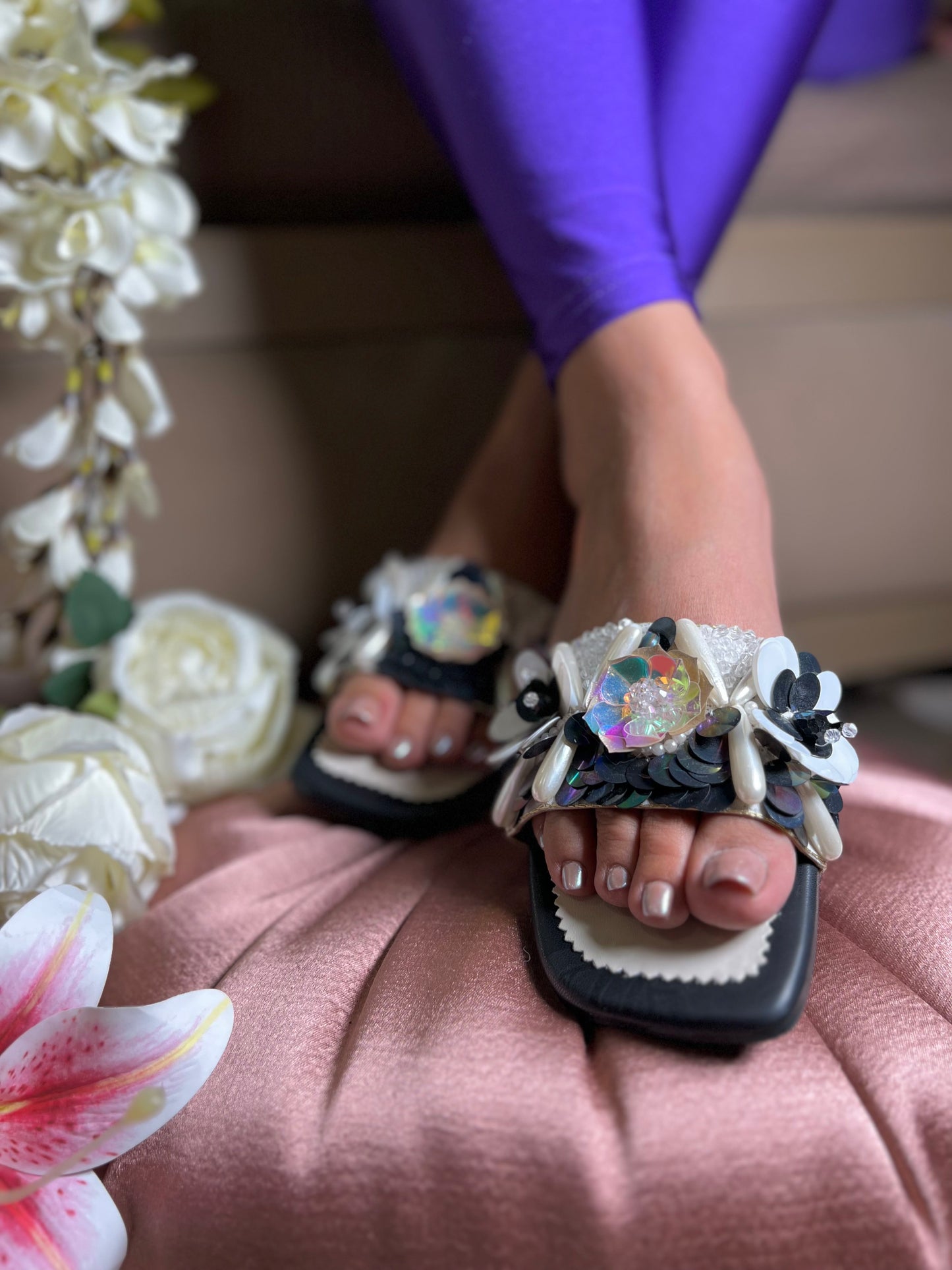 Black & White 3D Floral Luxe Flats