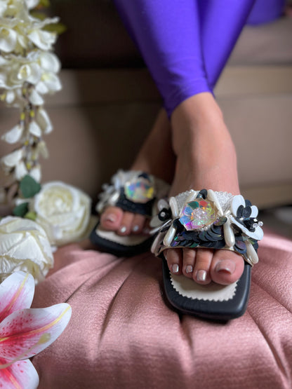 Black & White 3D Floral Luxe Flats