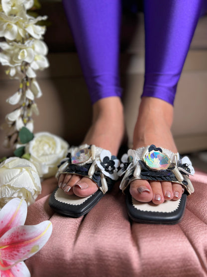 Black & White 3D Floral Luxe Flats