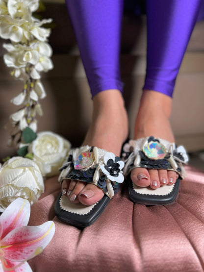 Black & White 3D Floral Luxe Flats