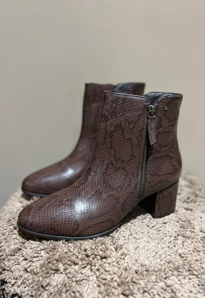 Brown Snake-Effect Ankle Boots