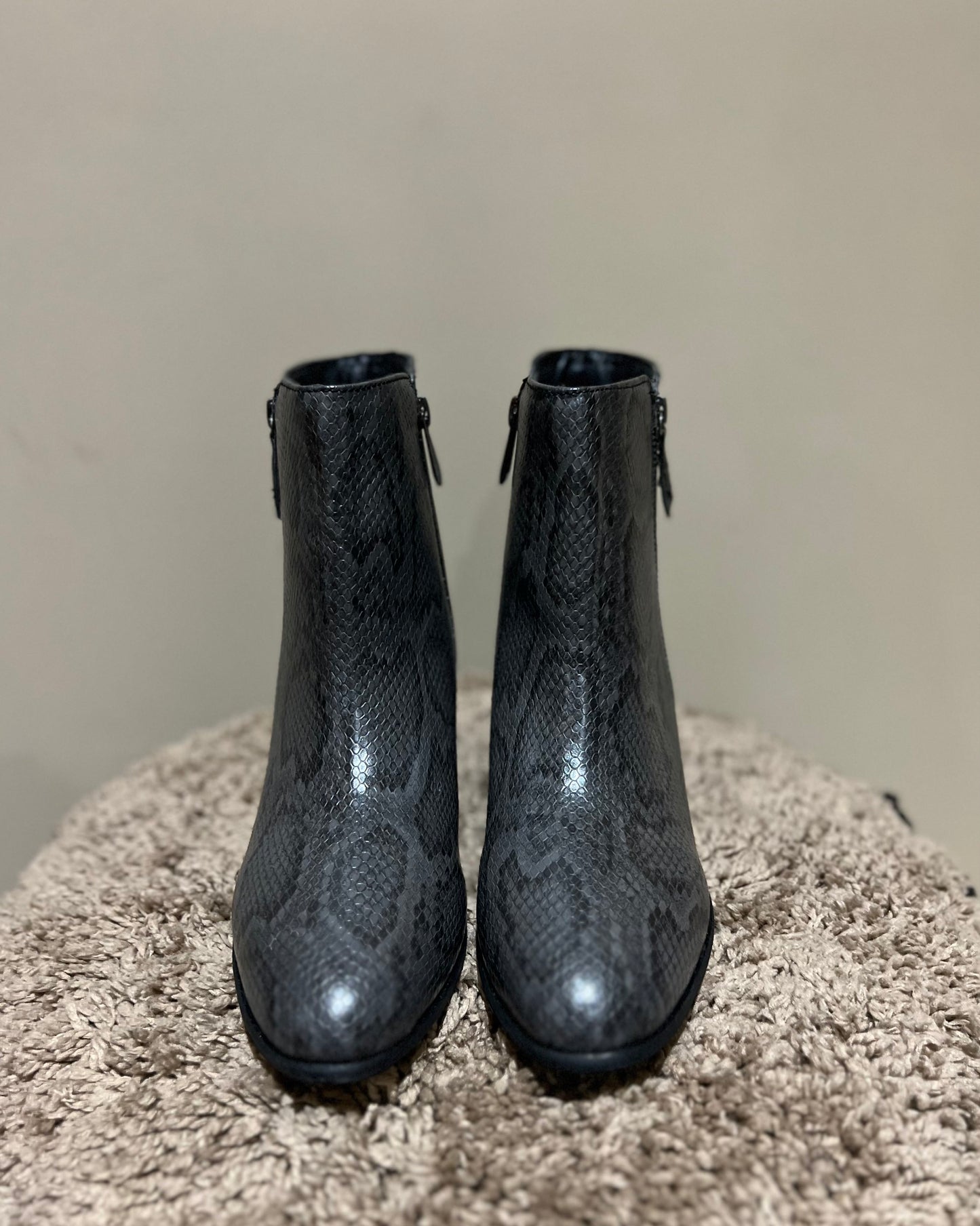 Grey Snake-Effect Ankle Boots