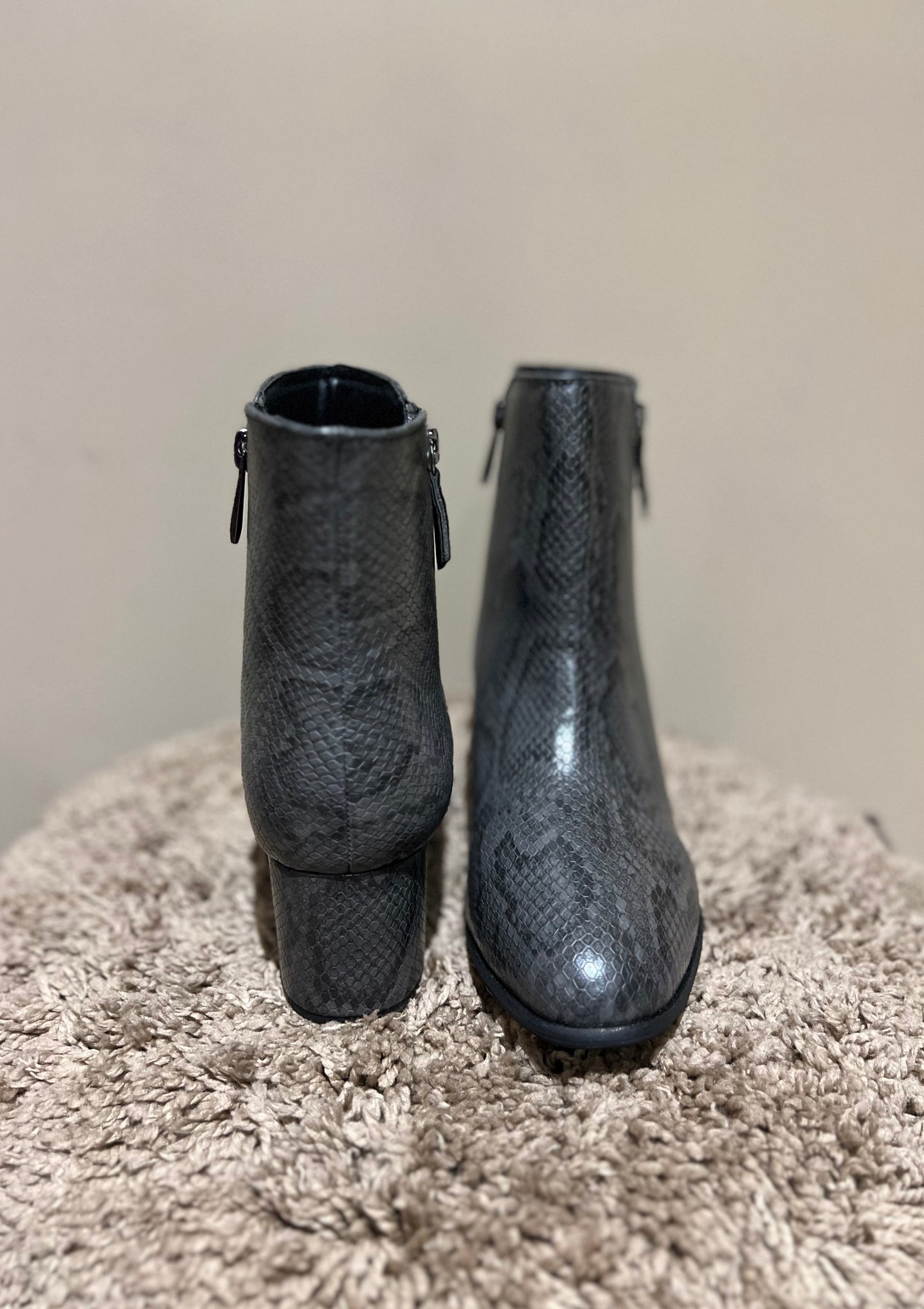 Grey Snake-Effect Ankle Boots