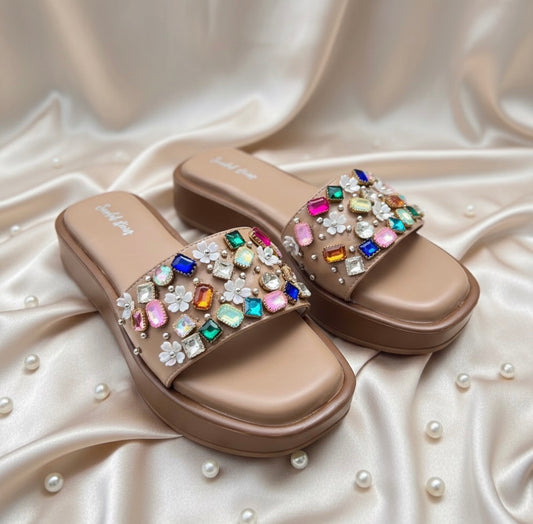 Multicolor Jewel-Embellished Nude Wedges