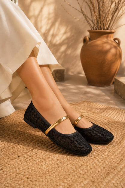 Midnight Black Mesh Gold Bar Mary Jane Ballerinas