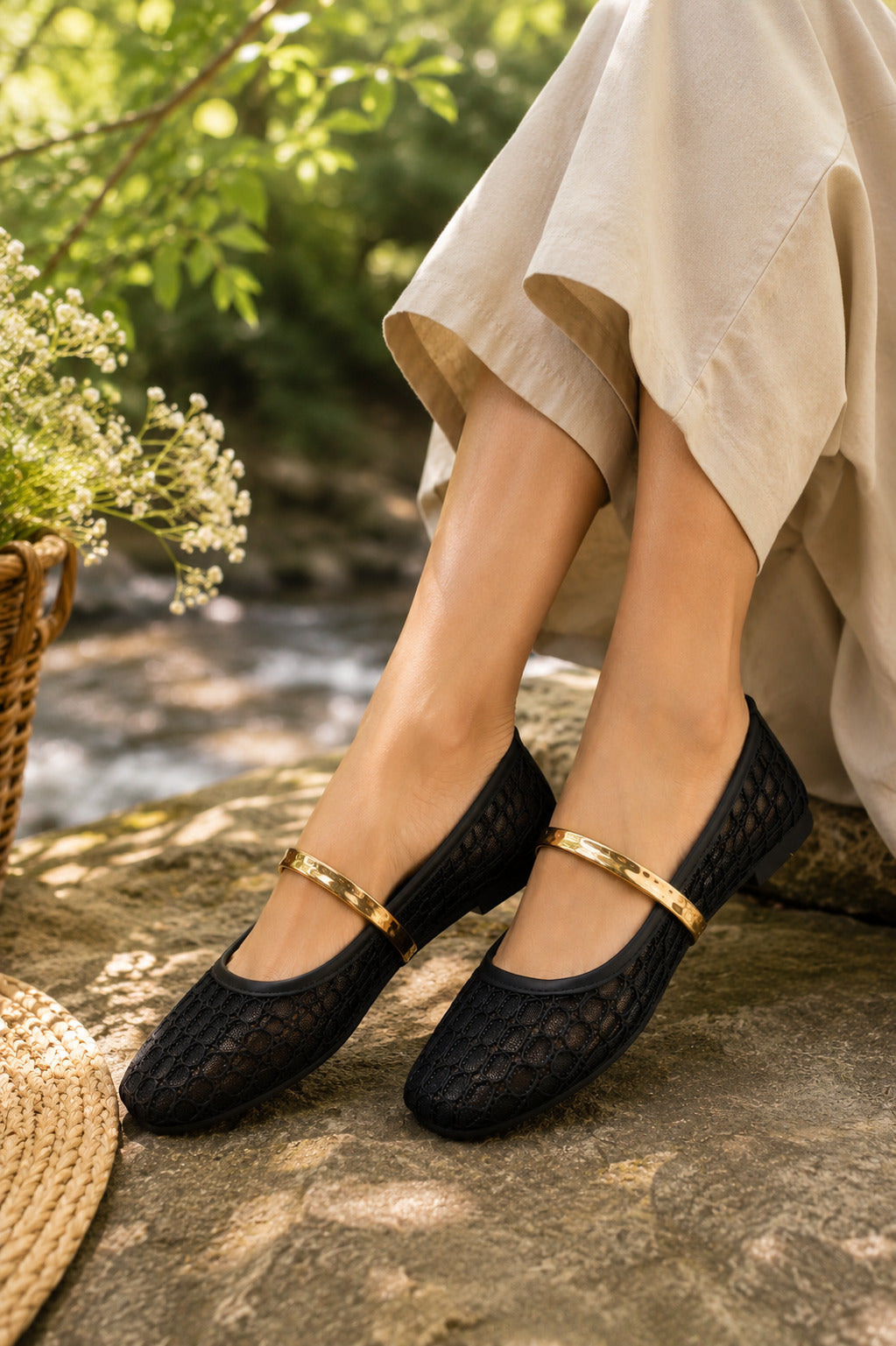 Midnight Black Mesh Gold Bar Mary Jane Ballerinas