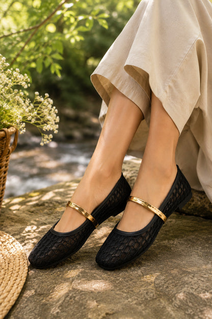 Midnight Black Mesh Gold Bar Mary Jane Ballerinas