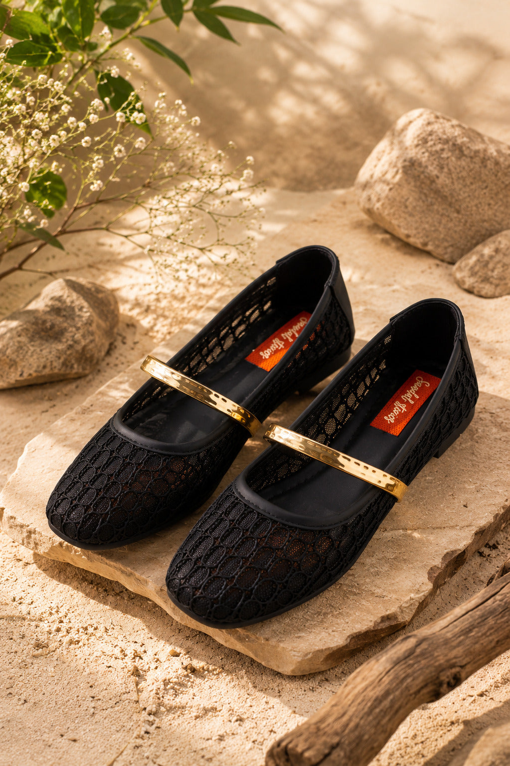 Midnight Black Mesh Gold Bar Mary Jane Ballerinas