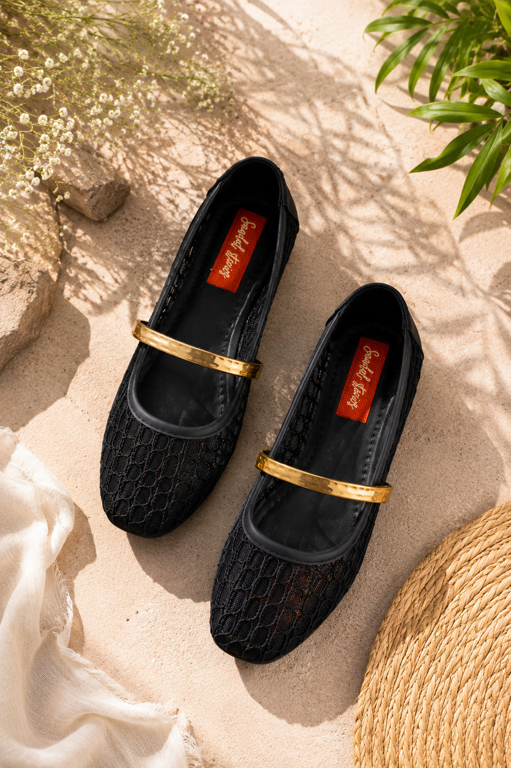 Midnight Black Mesh Gold Bar Mary Jane Ballerinas