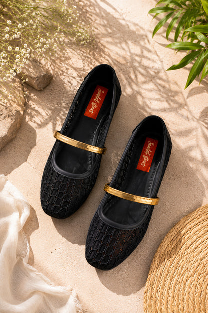 Midnight Black Mesh Gold Bar Mary Jane Ballerinas
