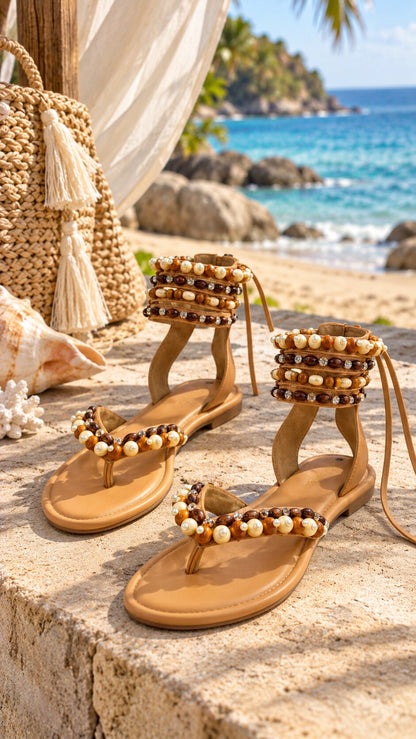 Mocha Pearl Beaded Ankle-Strap Gladiators
