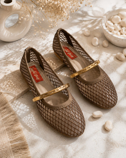 Mocha Mesh Gold Bar Mary Jane Ballerinas