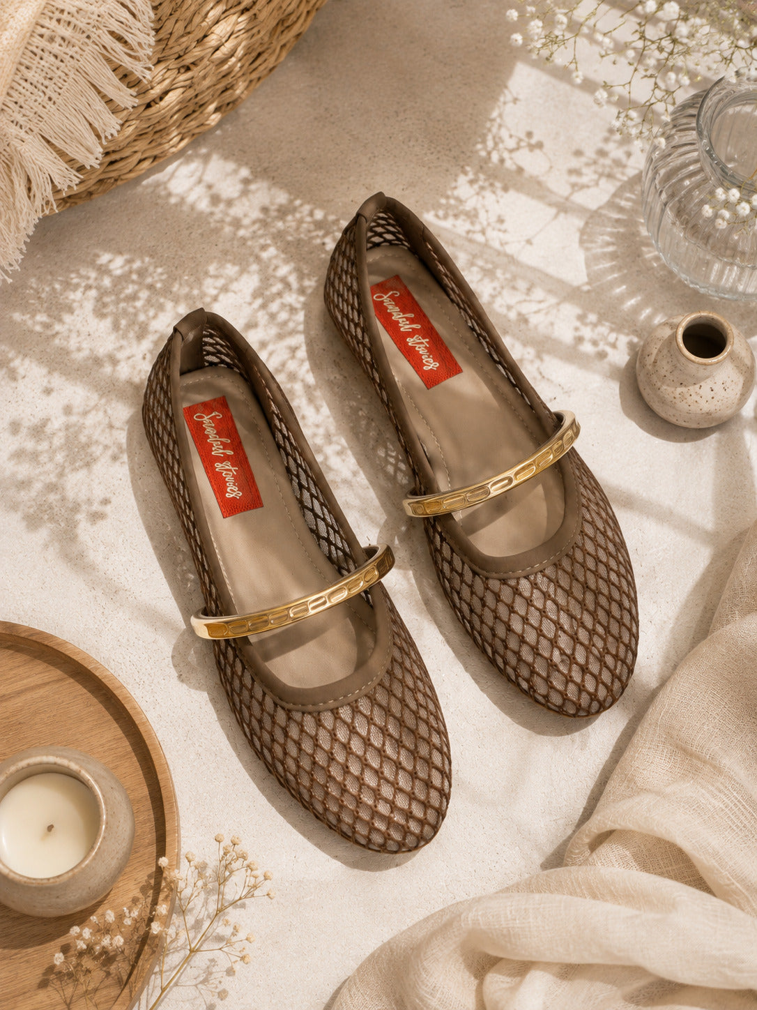Mocha Mesh Gold Bar Mary Jane Ballerinas