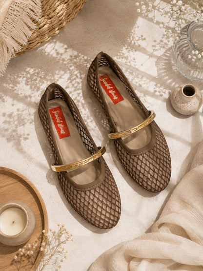 Mocha Mesh Gold Bar Mary Jane Ballerinas