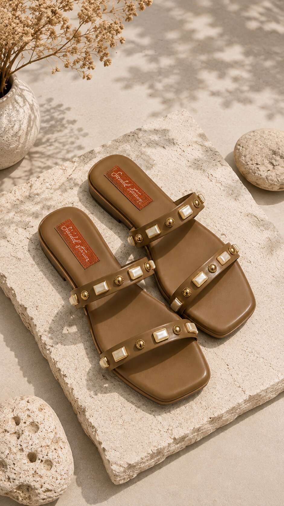 Pearl Stud Luxe Comfort Flats - Tan