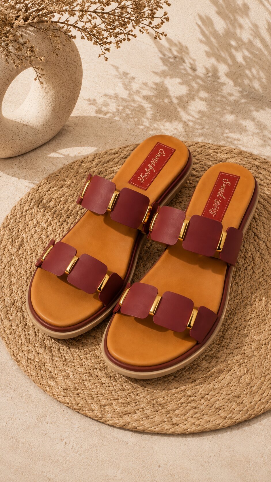 Ruby Gold Double Strap Comfort Slides