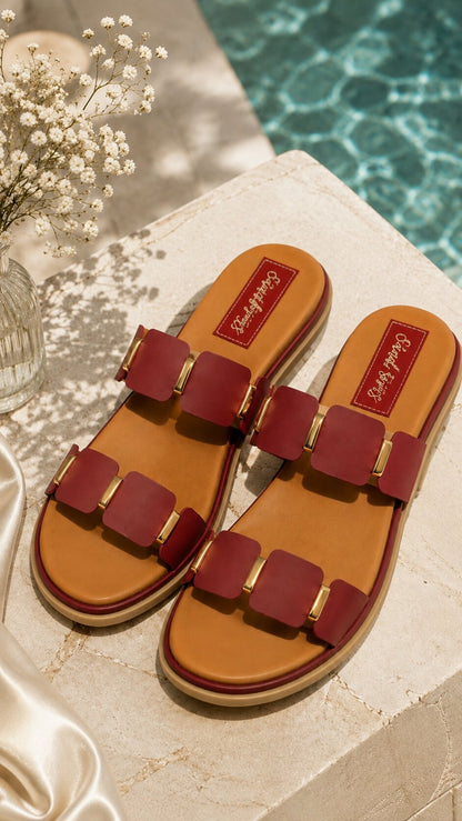 Ruby Gold Double Strap Comfort Slides