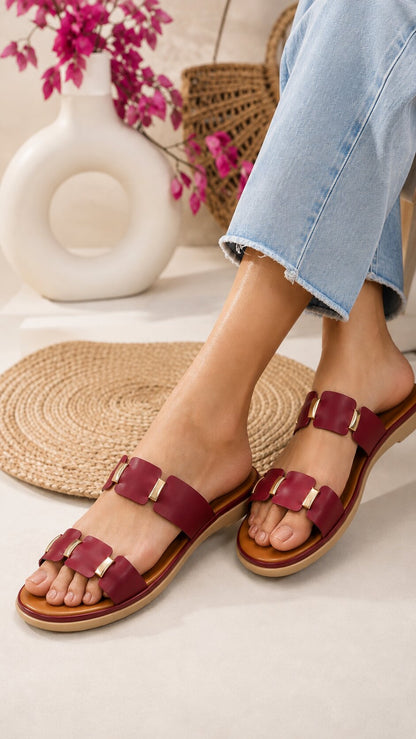 Ruby Gold Double Strap Comfort Slides