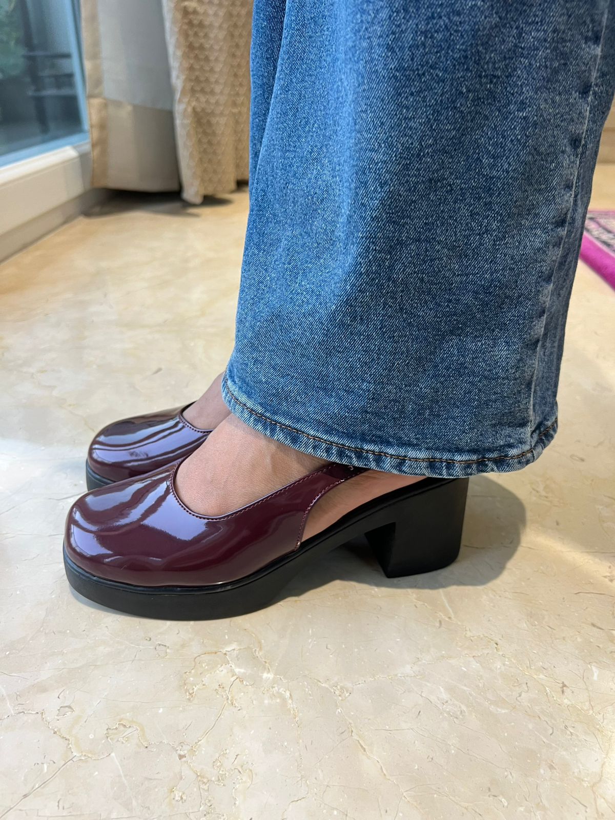 Wine Gloss Slingback Block Heels