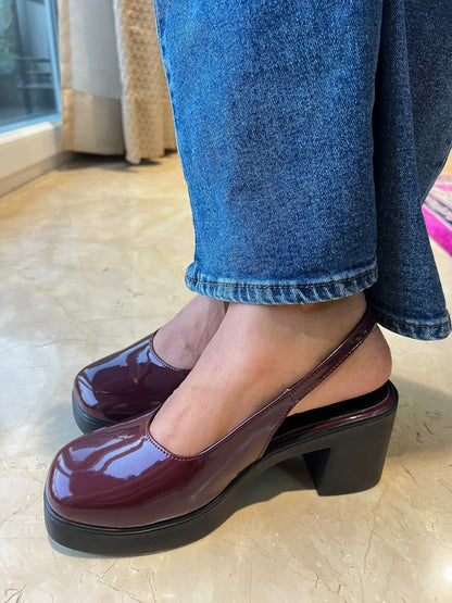 Wine Gloss Slingback Block Heels