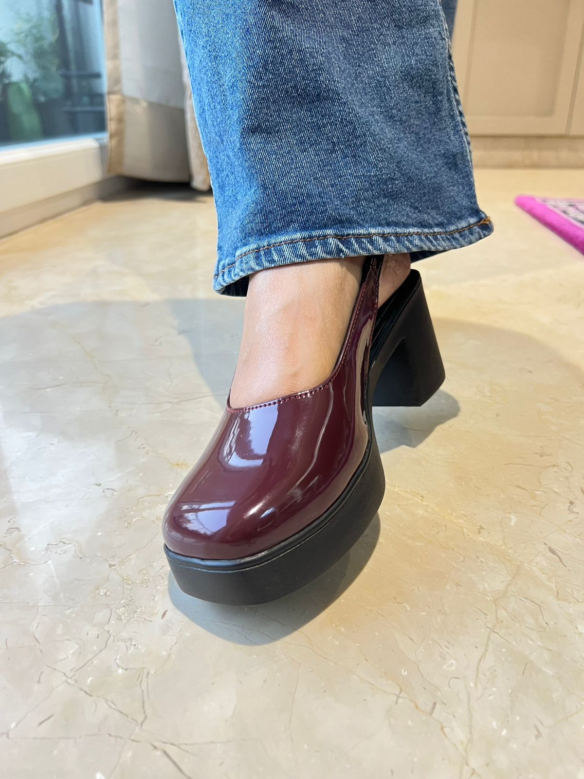 Wine Gloss Slingback Block Heels