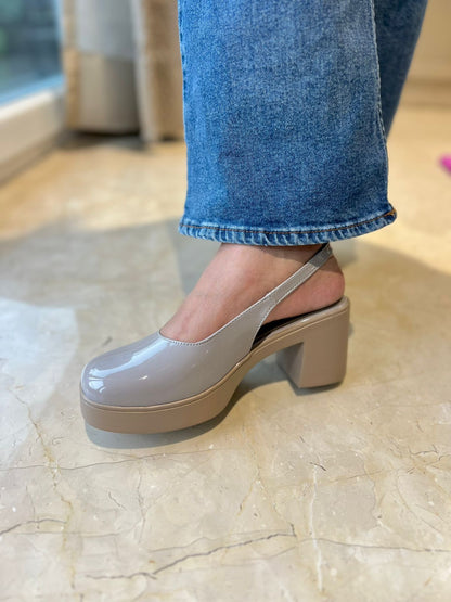 Mocha Gloss Slingback Block Heels