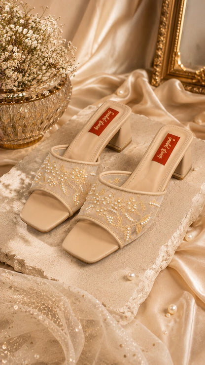 Champagne Pearl Bloom Block Heels