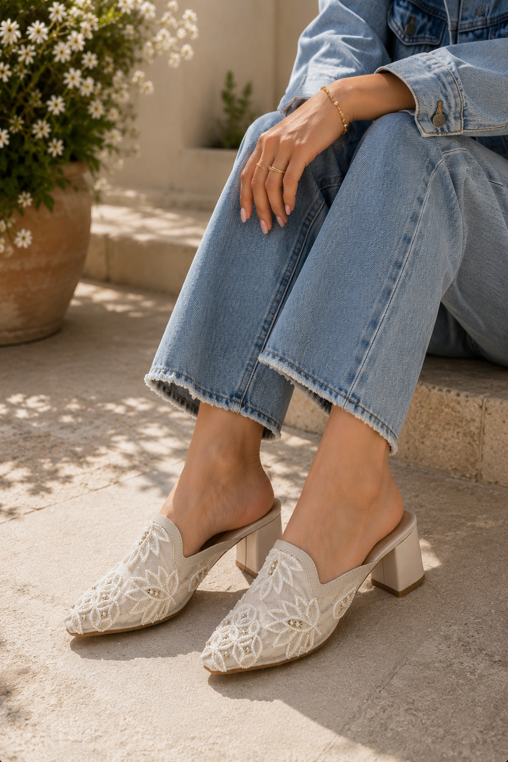 Pearl Mesh Embroidery Block Heels | 2 Inches