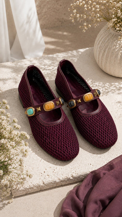 Mesh Gemstone Mary Janes Ballerinas - Vine