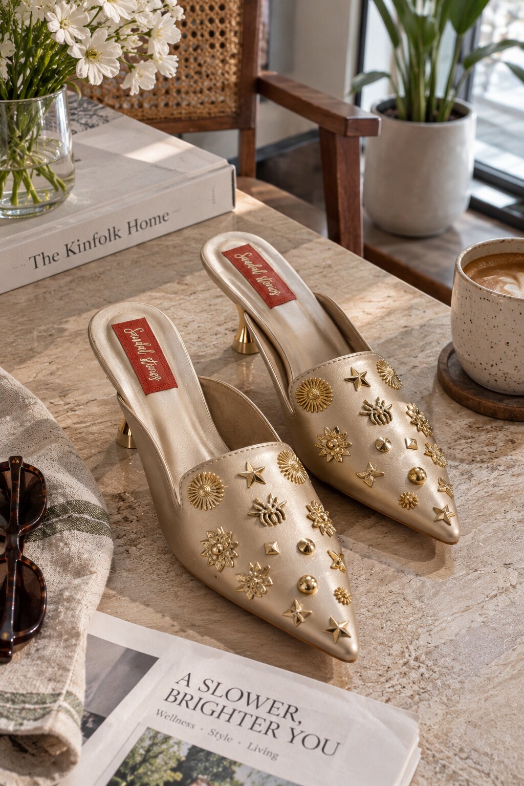 Champagne Gold Star Embellished Kitten Heel | 2 Inches