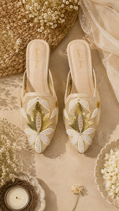 Ivory Bloom Mesh Embroidered Block Heels | 2 Inch