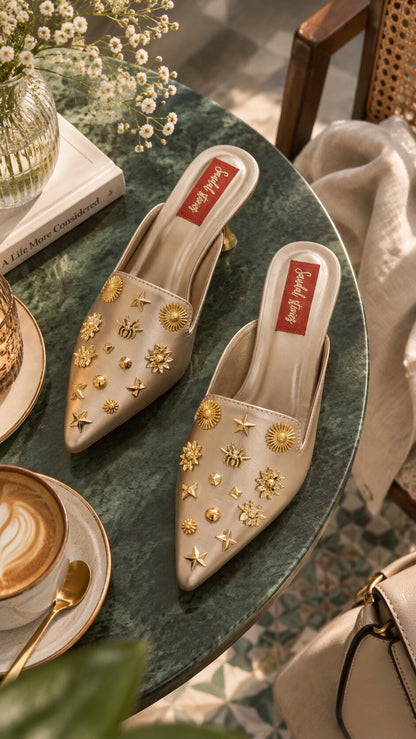Champagne Gold Star Embellished Kitten Heel | 2 Inches
