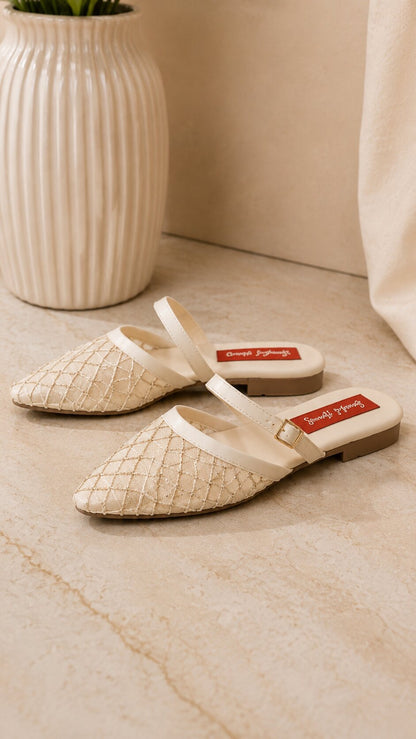 Ivory Mesh Pointed Mules - 1 Inch