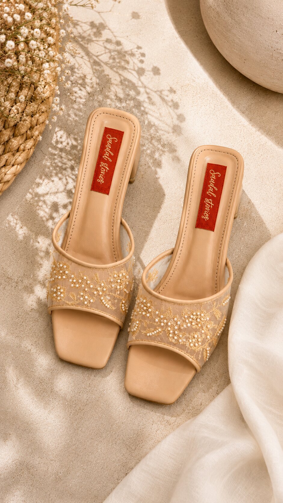 Champagne Pearl Bloom Block Heels
