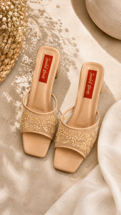 Champagne Pearl Bloom Block Heels