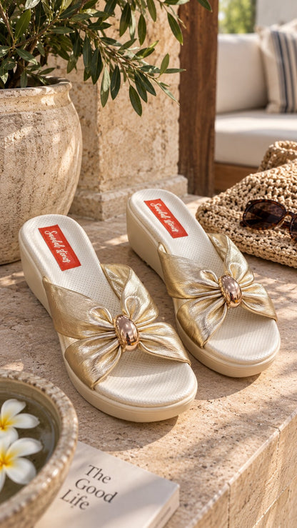 Golden Bloom Bow Comfort Slides | 2 Inches