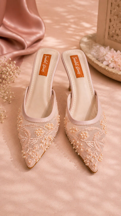 Pearl Bloom Embroidered Kitten Heels - Pink
