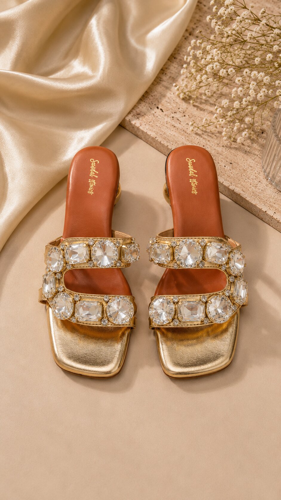 Crystal Diamond C Shape Block Heels - 2.5 Inches