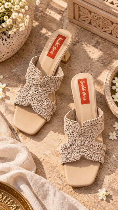 Beige Bloom Woven Heels | 2 Inches