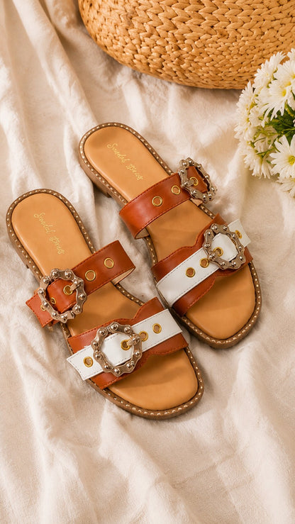 Noor Tan & White Buckle Flats