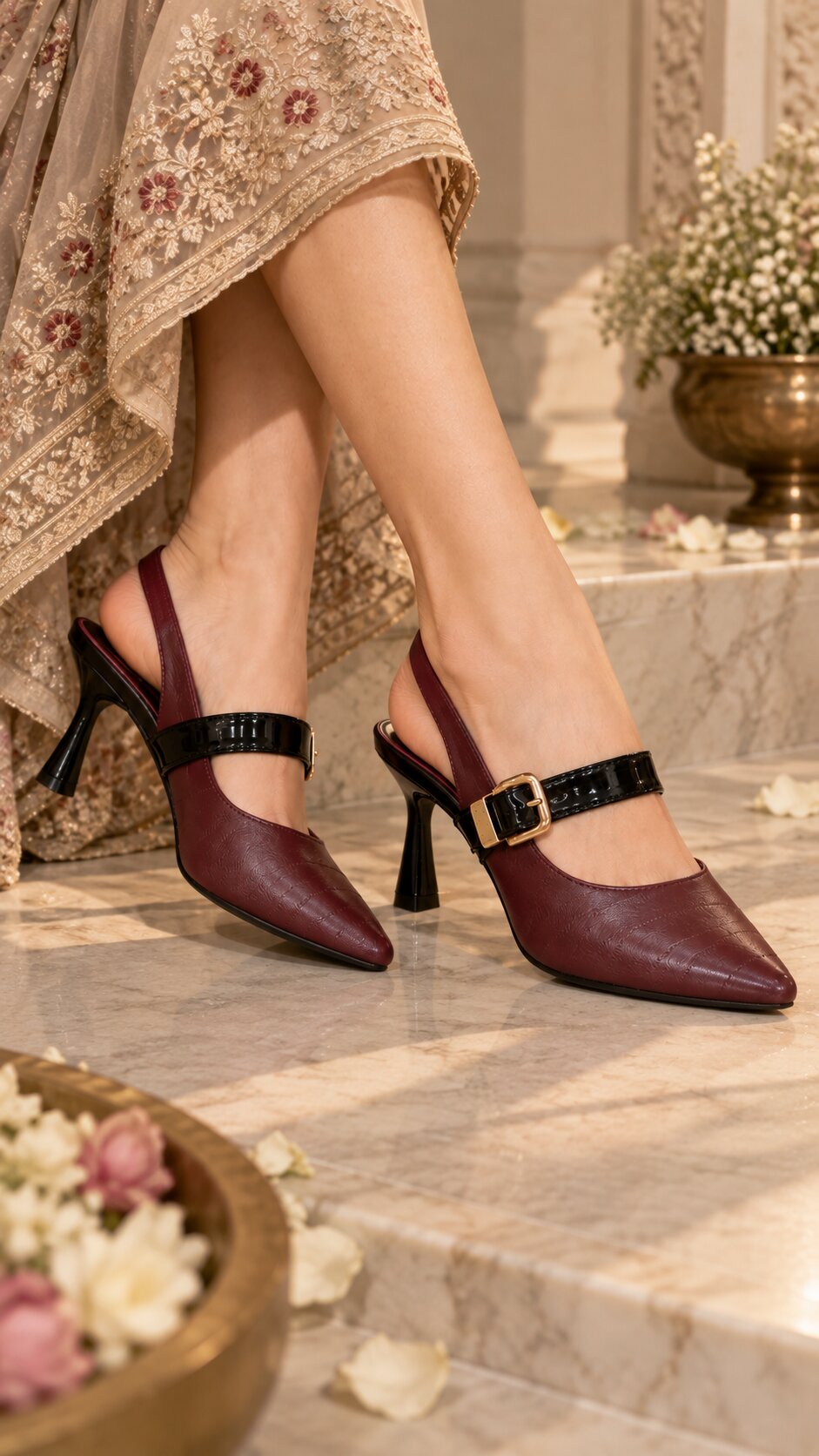 Burgundy Luxe Buckle Slingback Heels | 2 Inches