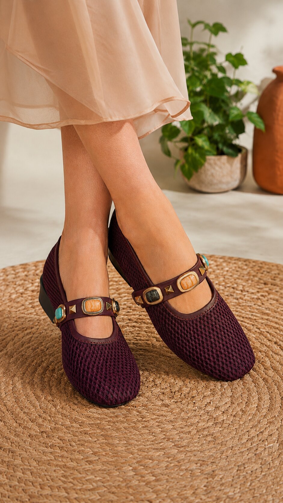 Mesh Gemstone Mary Janes Ballerinas - Vine