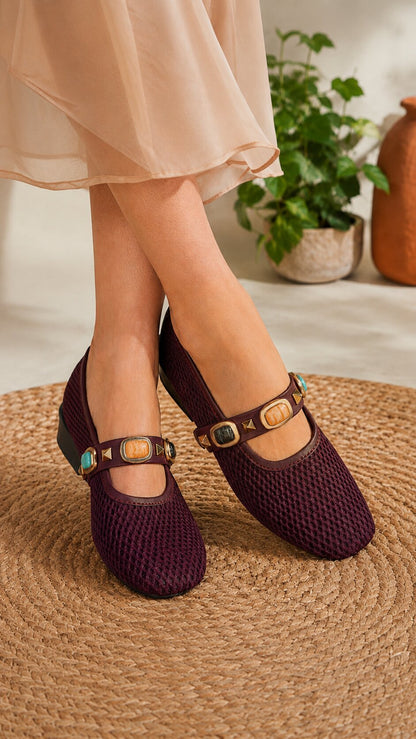 Mesh Gemstone Mary Janes Ballerinas - Vine