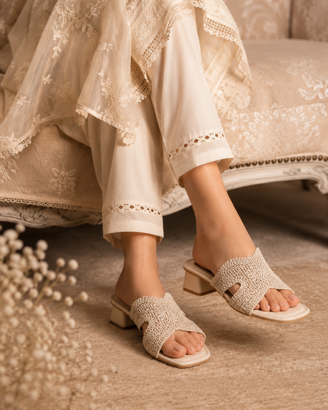 Ivory Crochet Muse Block Heels | 1.5 Inches