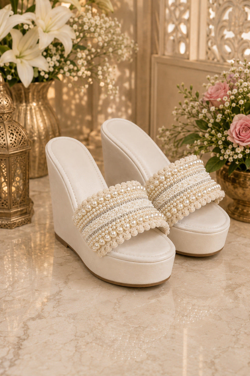 Ivory Pearl Petal Luxe Wedges | 4 Inches