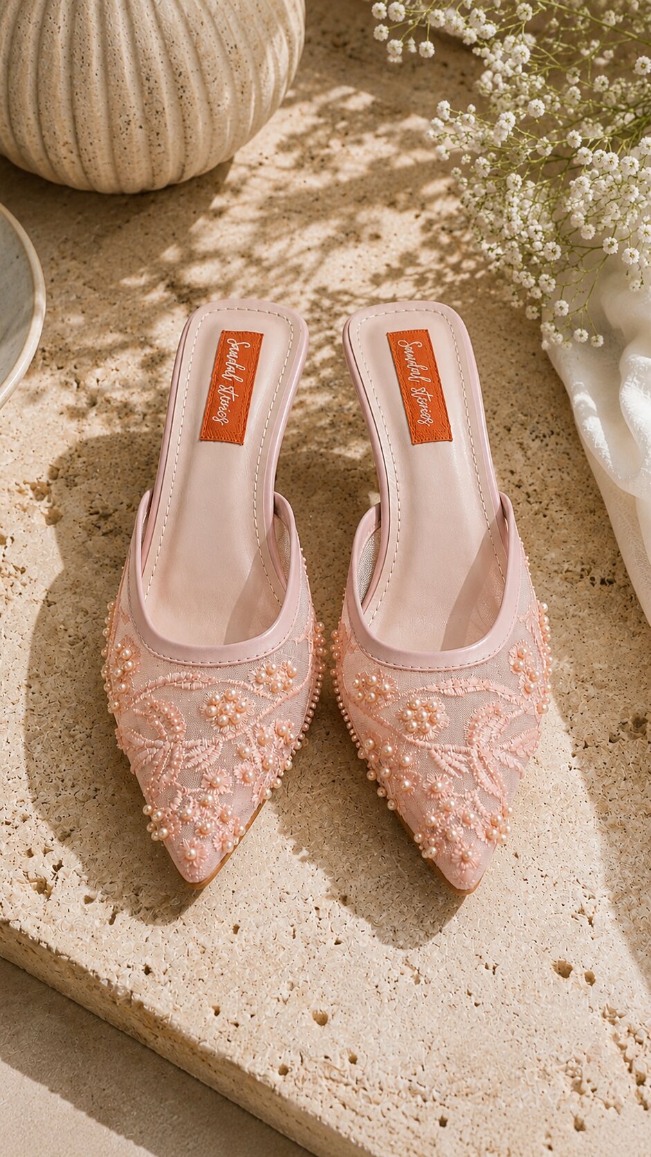 Pearl Bloom Embroidered Kitten Heels - Pink