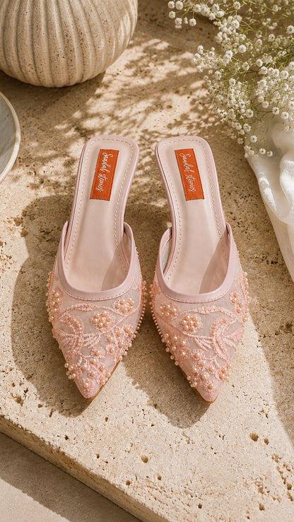 Pearl Bloom Embroidered Kitten Heels - Pink